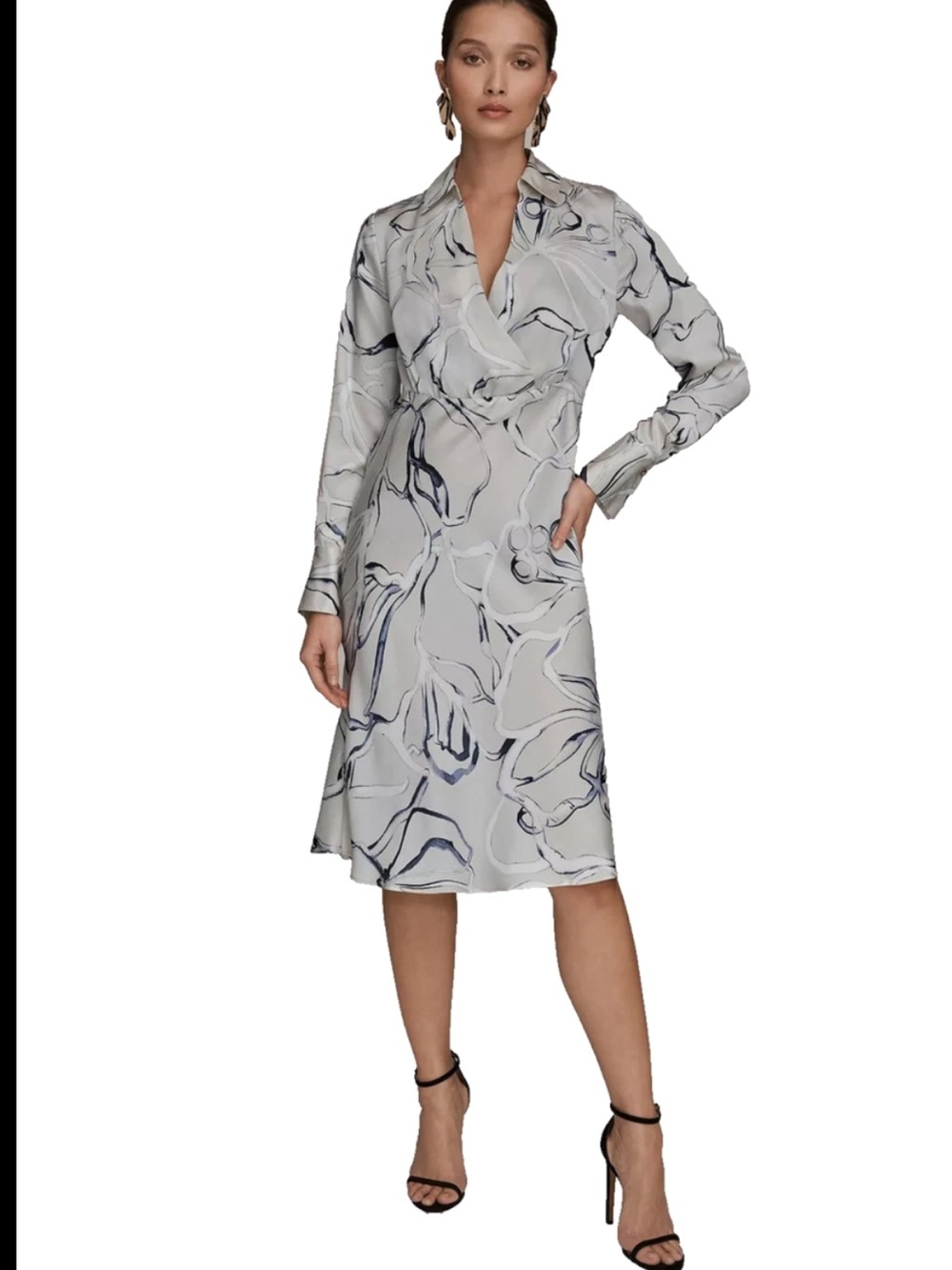 Donna Karan Printed Long-Sleeve V-Neck Midi Dress in Light Gray and Navy Sz8 NWT